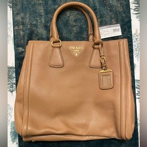 Prada Leather Tote Bag in Camel and Gold